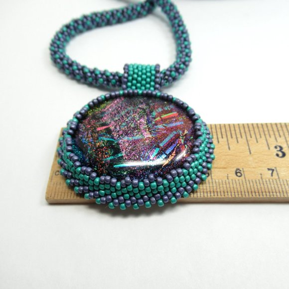 Hand embroidered Dichroic Cabochon necklace - Picture 7 of 13